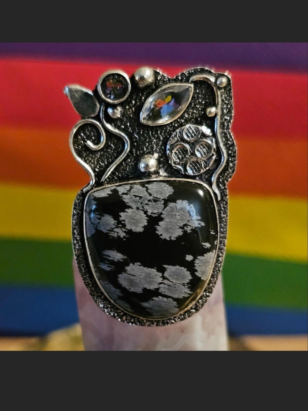 NEW✨️Snowflake Obsidian Amethyst Topaz Gemstones .925 Sterling Silver Ring 7.5